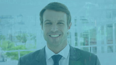 animation of data processing over caucasian businessman smiling
