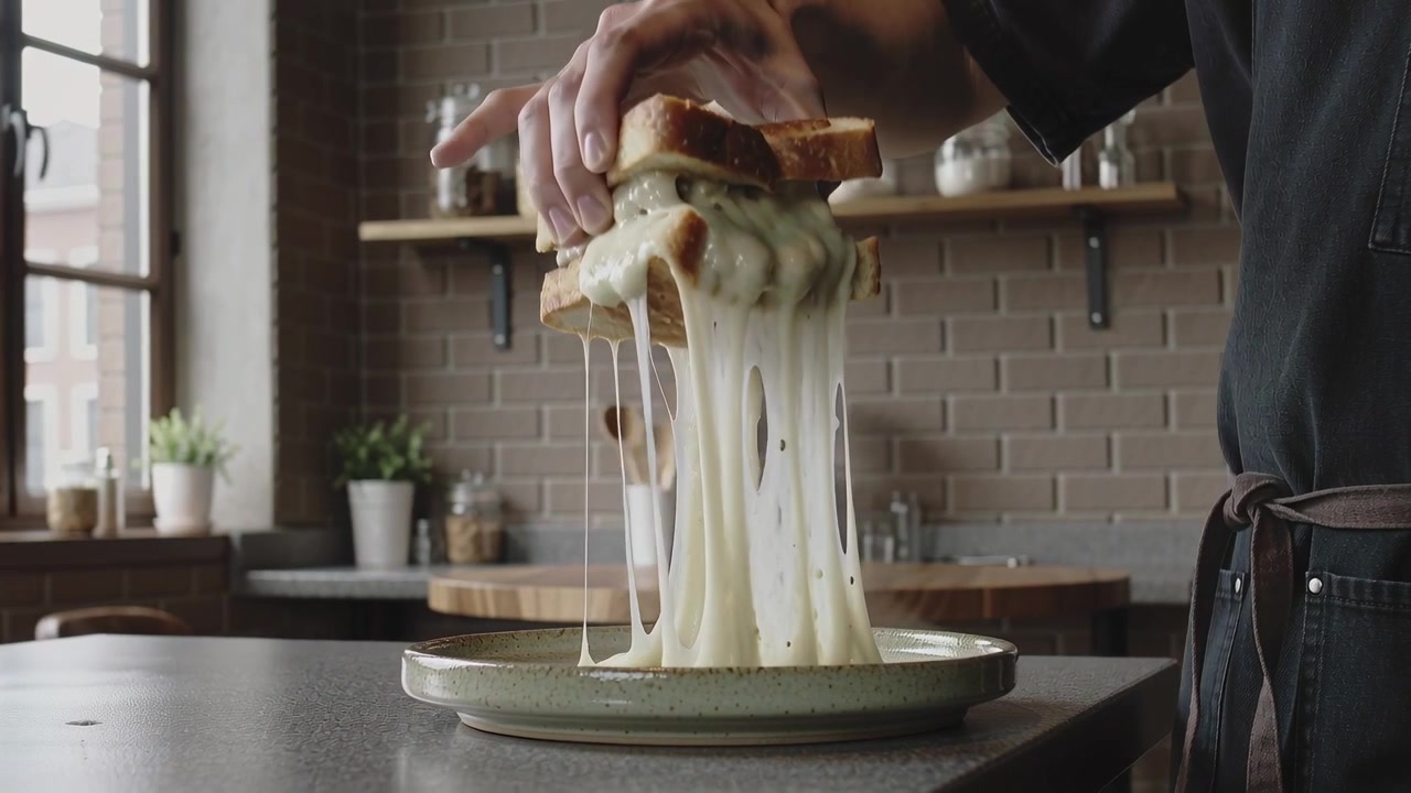 Cuoco con grembiule scuro preme una fetta di pane, solleva un sandwich tostato sul bancone della cucina e mostra l'effetto filante del formaggio