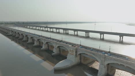 sukkur barrage on indus river, sindh, pakistan - aerial fly-over