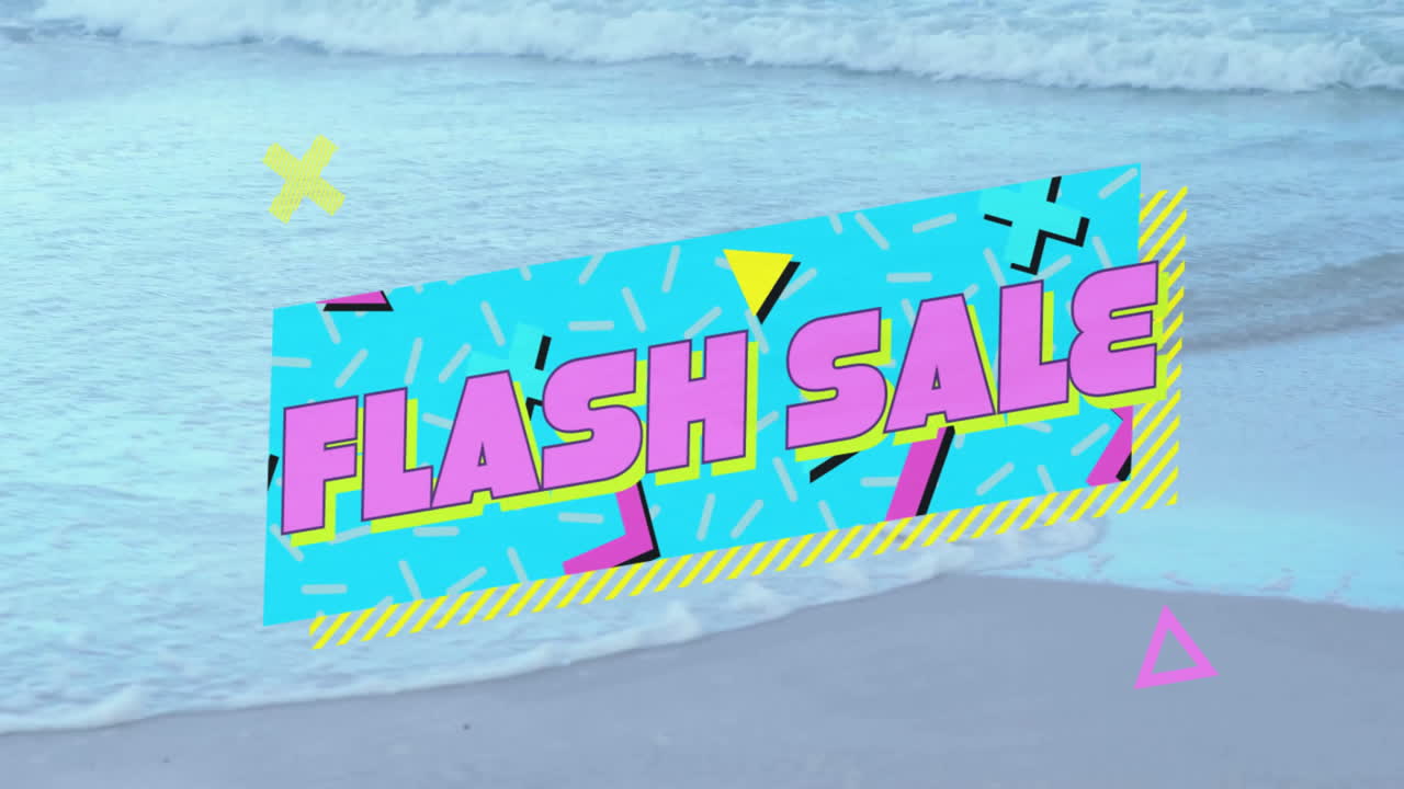 Colorful geometric patterns with animation over ocean waves for flash sale text