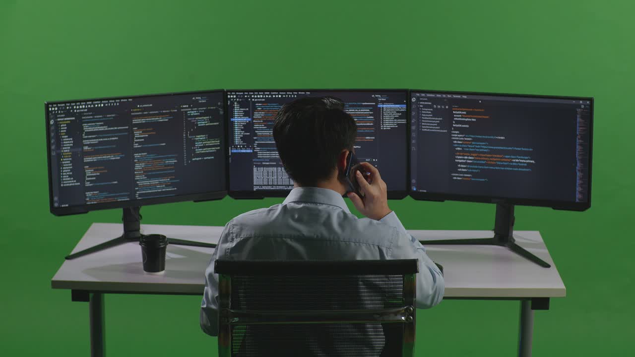 Back View Of Asian Man Developer Talking On Mobile Phone While Write Code With Multiple Computer Screens In Green Screen Studio