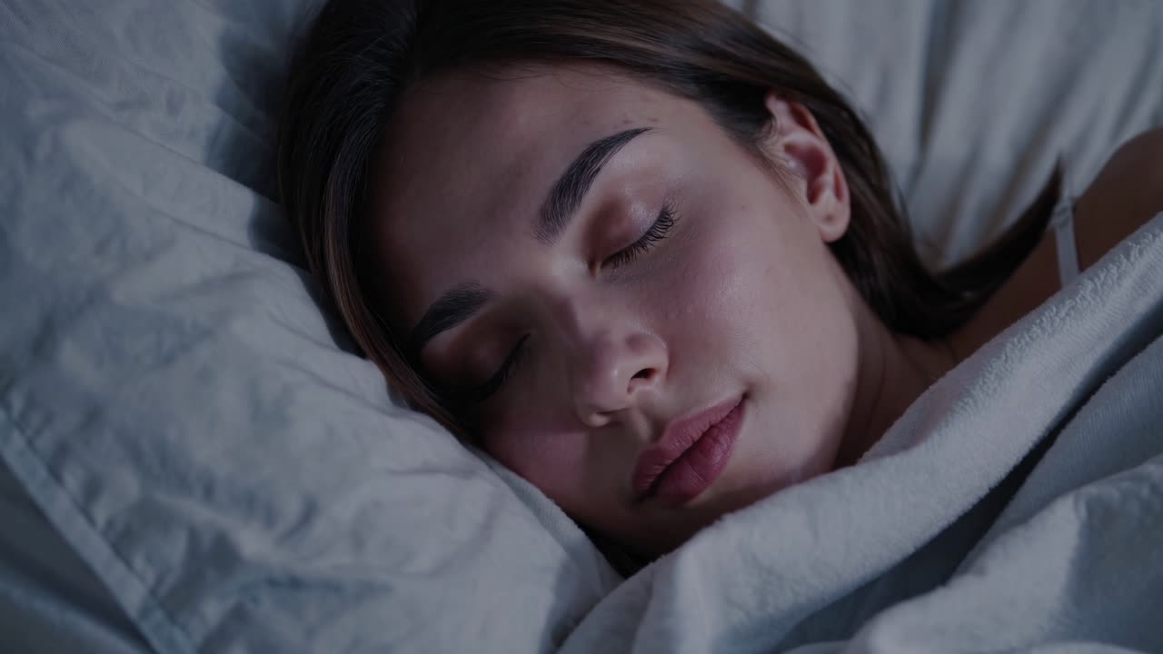 Close-up video shot of a woman sleeping peacefully, captured from a side angle