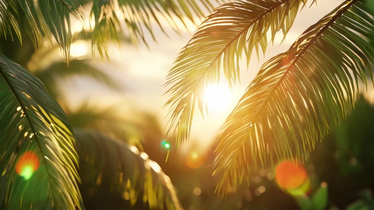A serene video scene of sunlight filtering through palm leaves, captured from a low angle