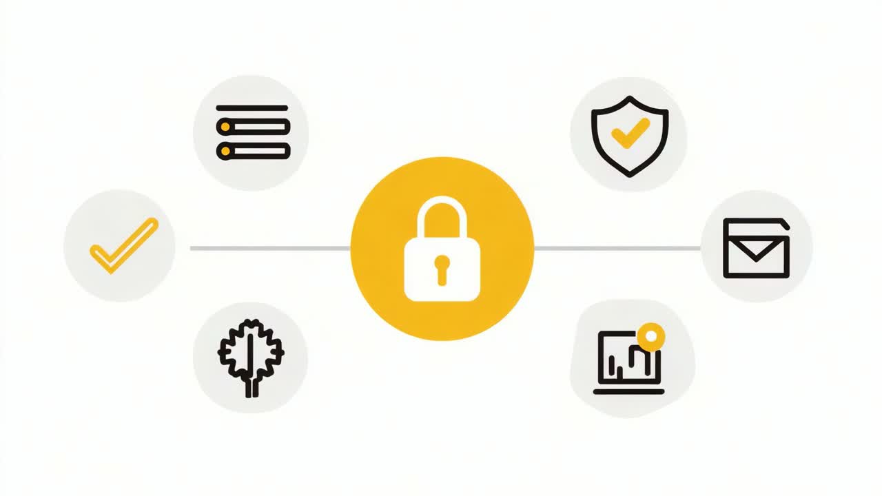 A Visual Representation of Data Security Concepts with Central Lock Icon and Various Symbols Related to Protection, Integrity, and Information Management