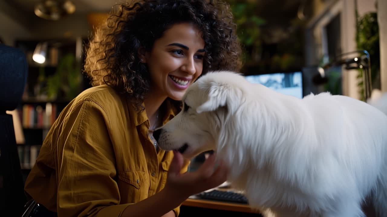 Woman smiles warmly as dog playfully high-fives her. Soft lighting highlights their joyful connection. Dog's white fur glows against the cozy room. Woman's curly hair frames her happy expression