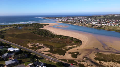 Aerial-view-from-Still-Bay-East-over-Goukou-estuary-of-West-side,-holiday-spot