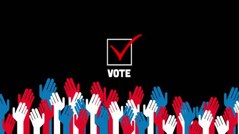 Animation-of-white-box-with-red-tick-and-the-word-Vote-and-hands-on-black-background.-