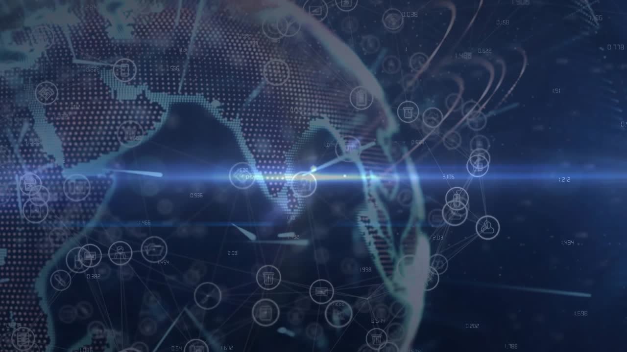 At start, 3D dotted globe rotating east with sweeping beam connecting nodes visualizing data flow
