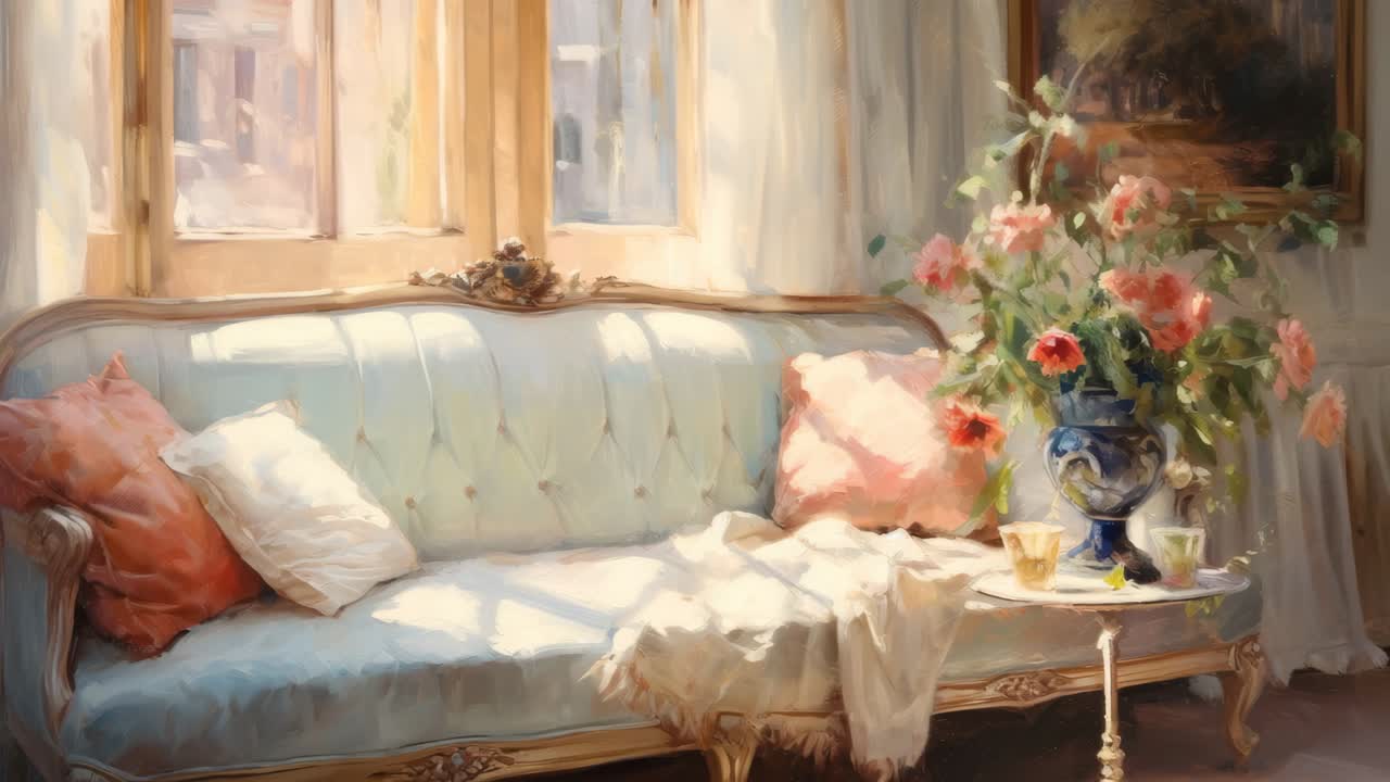 A vintage-style living room with a pastel sofa and floral decor