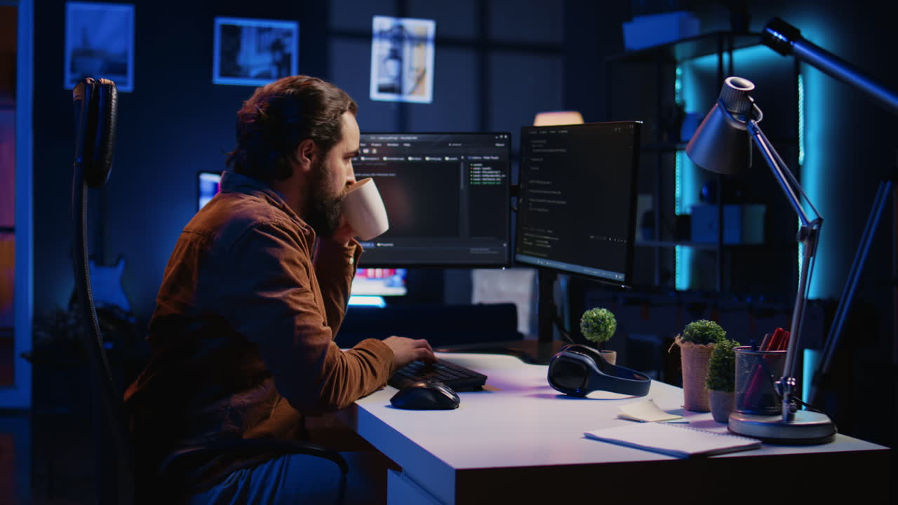 Computer scientist drinking cup of coffee while developing code on PC