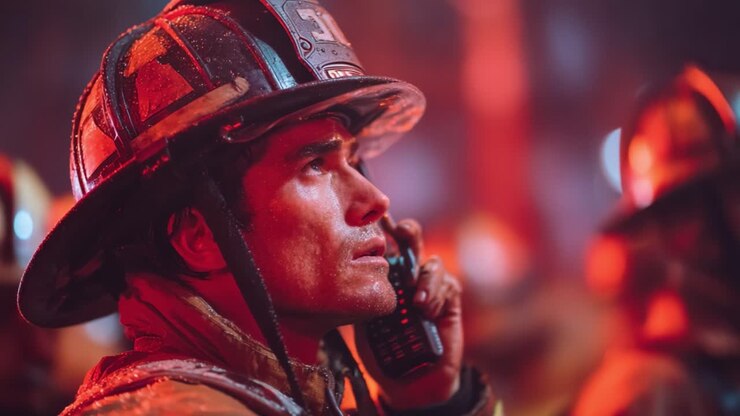 A Steadfast Firefighter in Action: Capturing the Intensity and Determination of a Heroic Responder Amidst a Chaotic and Challenging Scene