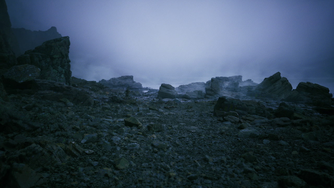 Exploration of foggy peaks with rocky slopes and icy textures