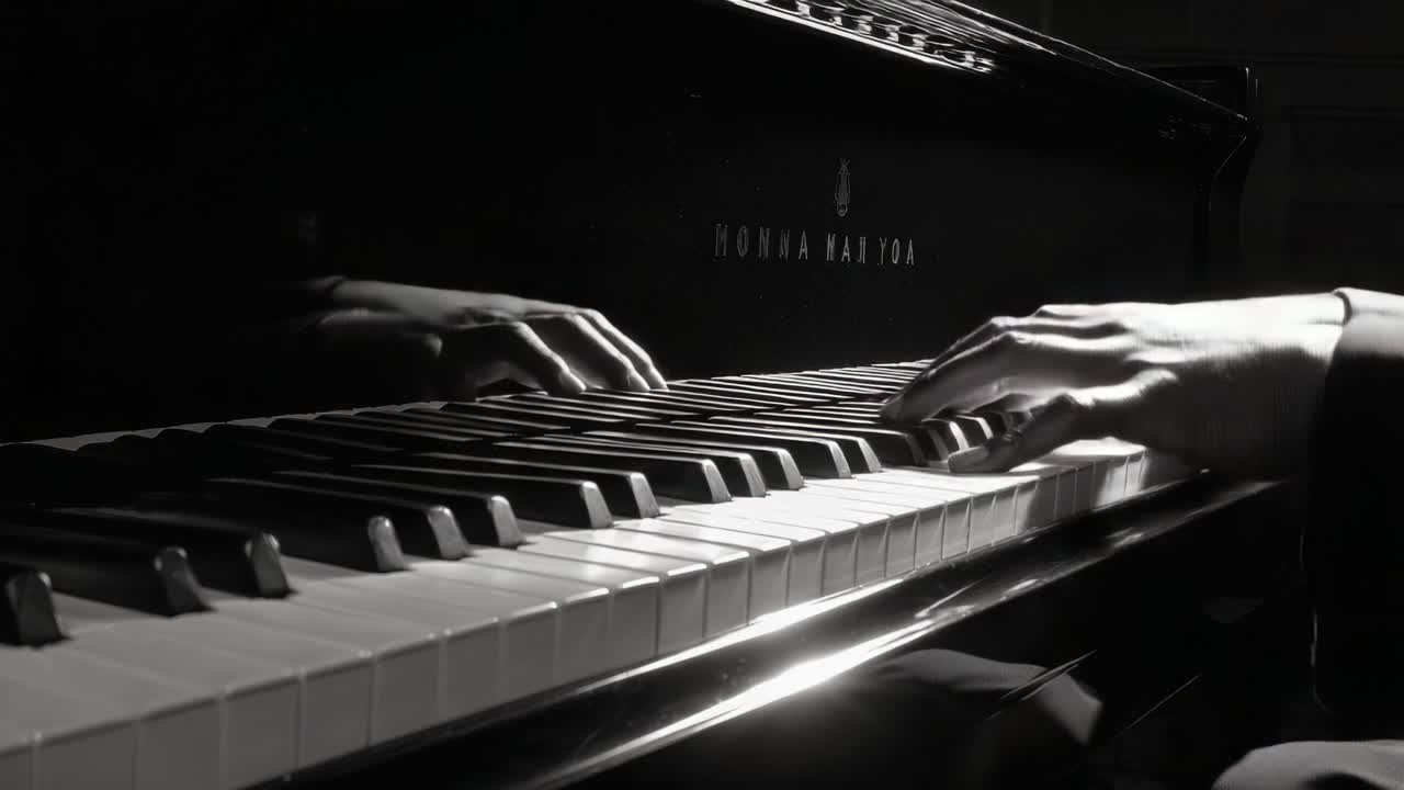 A Captivating Moment of Musical Expression: The Art of Playing the Piano, Showcasing Elegant Hands Dancing Over Keys, Creating Beautiful Harmonies and Emotions in a Black and White Aesthetic