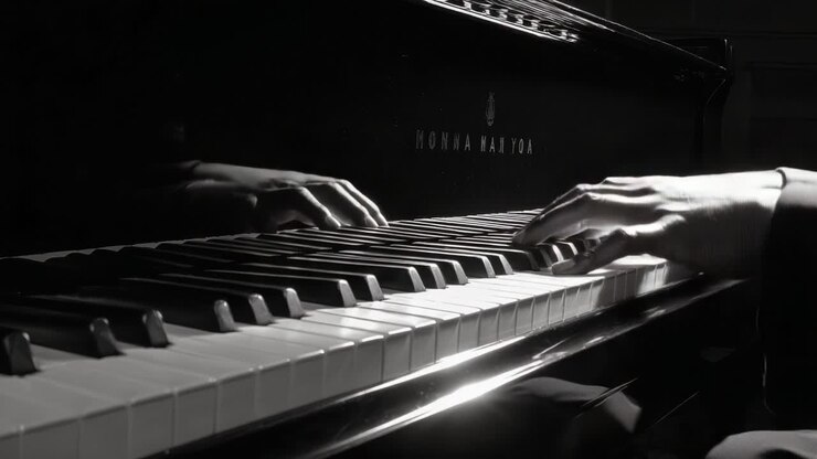 A Captivating Moment of Musical Expression: The Art of Playing the Piano, Showcasing Elegant Hands Dancing Over Keys, Creating Beautiful Harmonies and Emotions in a Black and White Aesthetic
