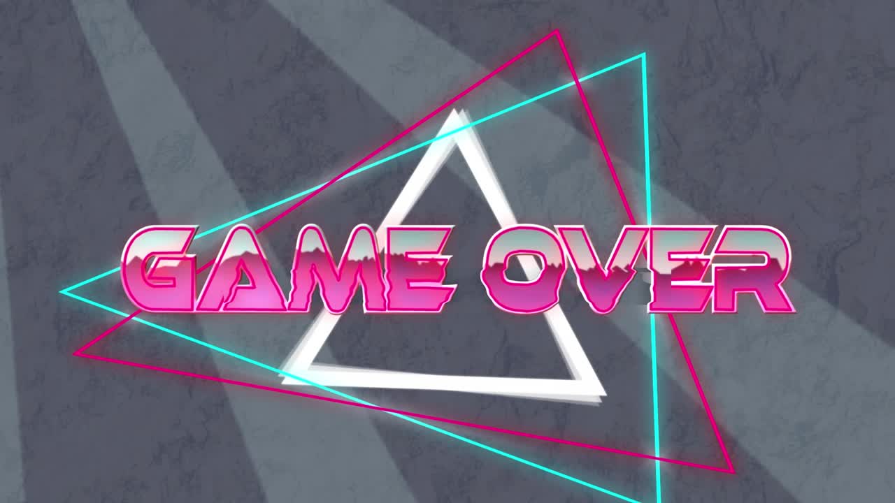 Animation of game over text over geometrical shapes on grey background