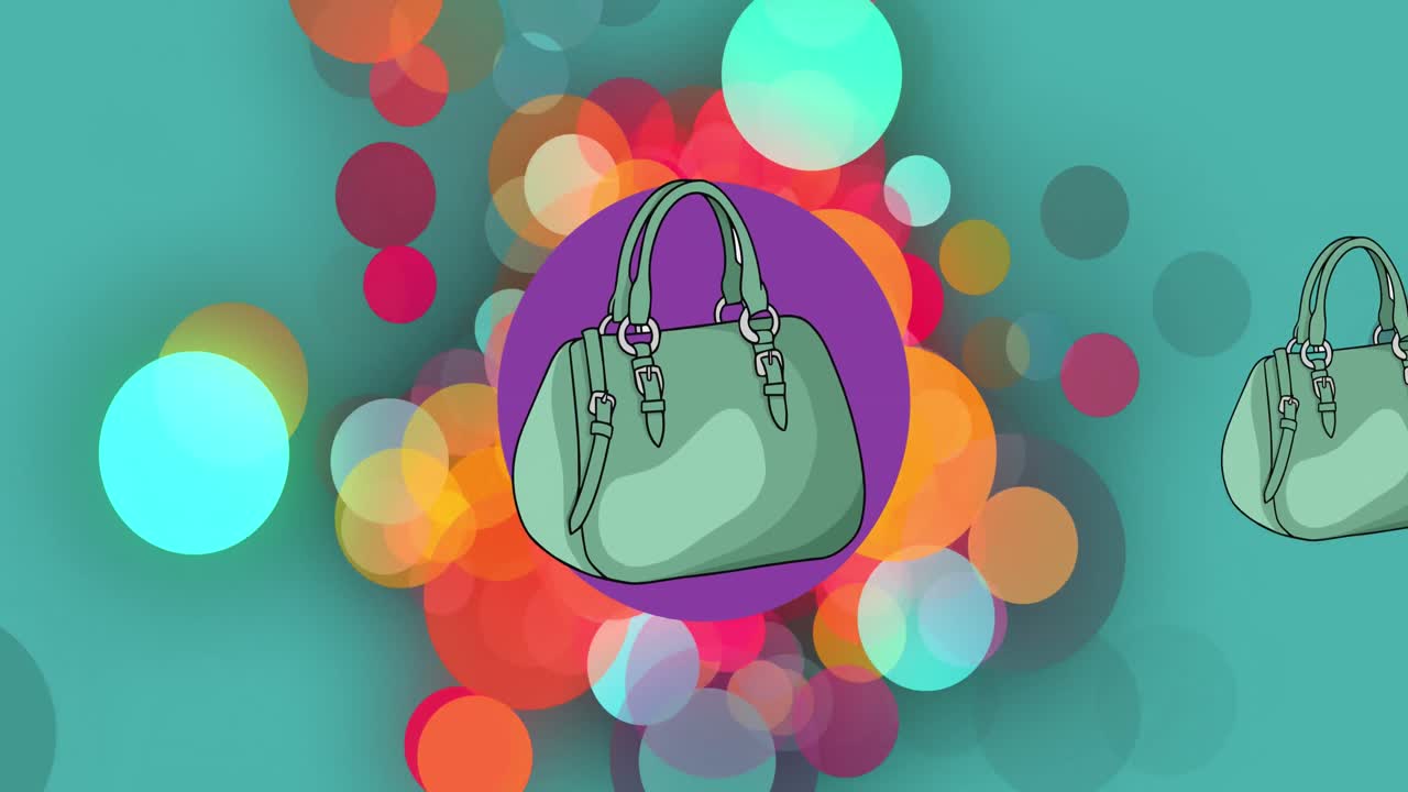 animación de bolsos de mano azules sobre círculos de colores sobre fondo azul