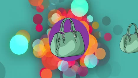 animation of blue handbags over colourful circles on blue background