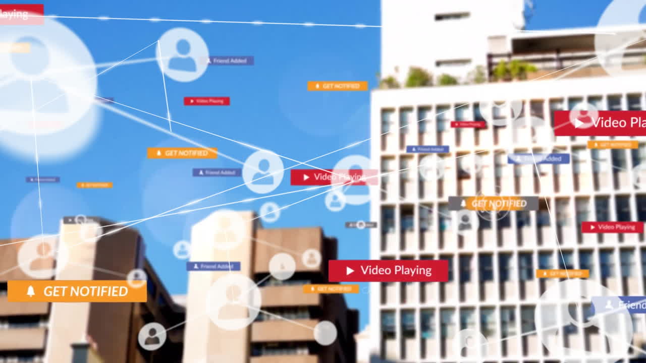 도시 건물과 파란 하늘 위에 있는 사람들의 네트워크 아이콘과 미디어 알림의 애니메이션