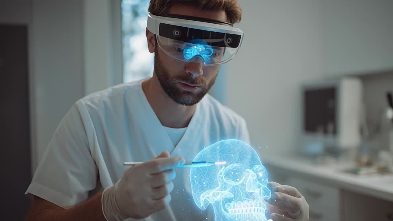 Surgeon using augmented reality technology to analyze a virtual skull
