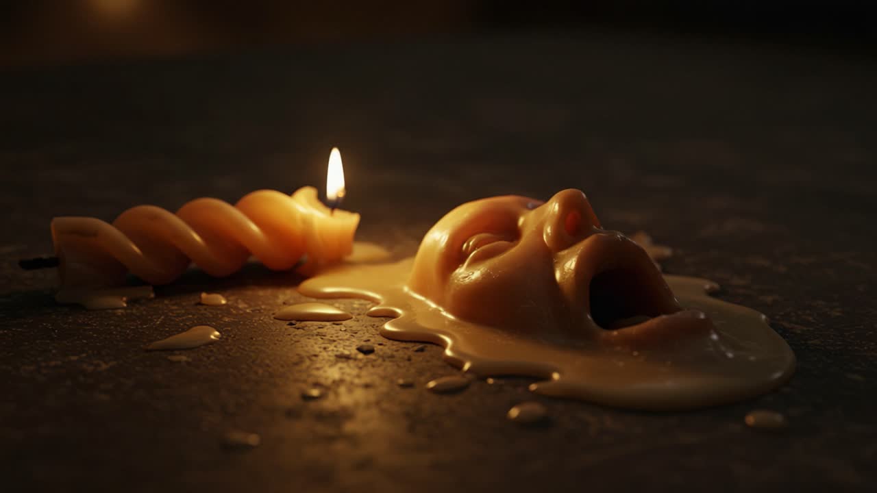 Una composizione surreale di cera che si scioglie ed espressione: una rappresentazione artistica dell'emozione catturata attraverso la luce delle candele e tratti misteriosi