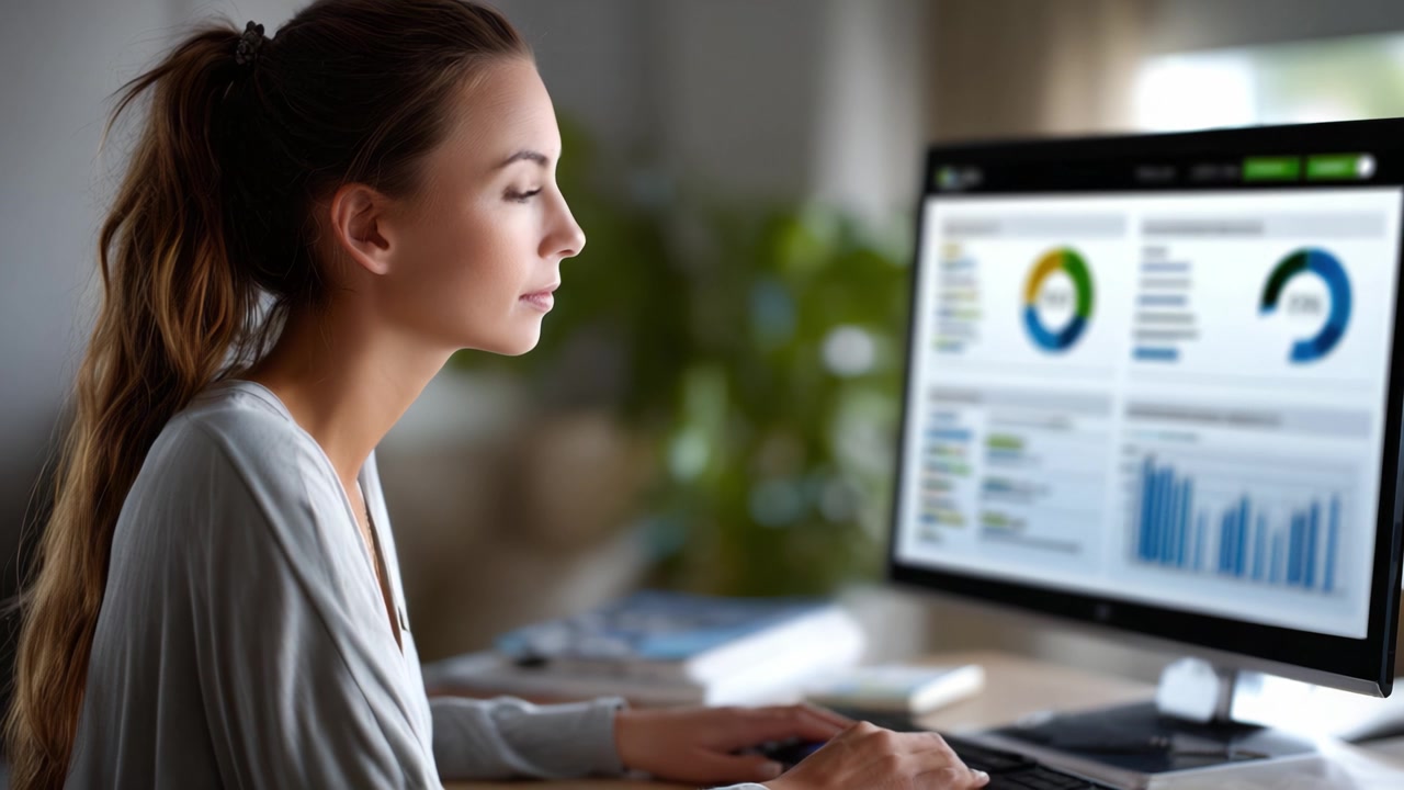 Focused Individual Analyzing Data on Computer Screen While Working in Modern Office Environment with Graphics and Charts Displayed in Background
