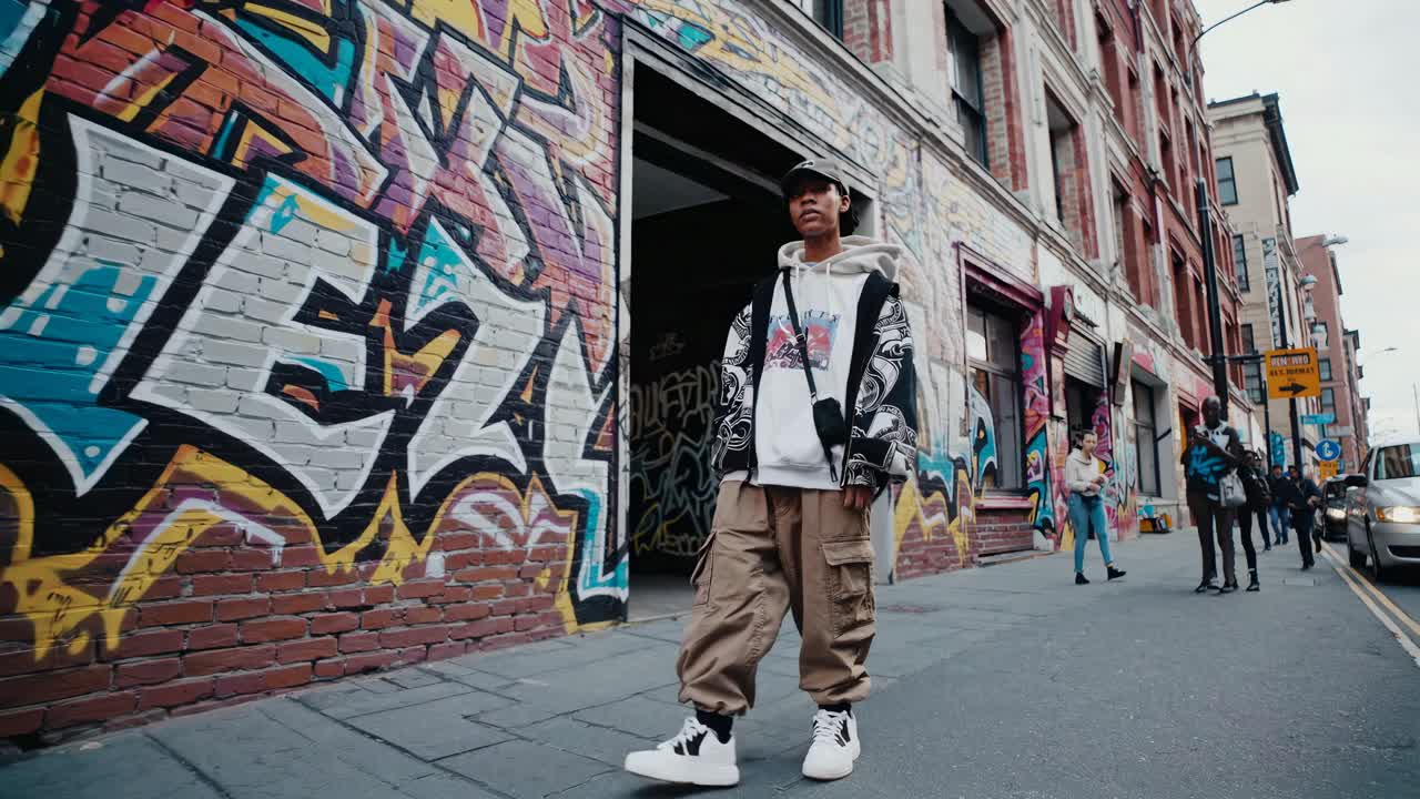 Street-style video with a low-angle shot of a person in urban attire, standing in front of vibrant