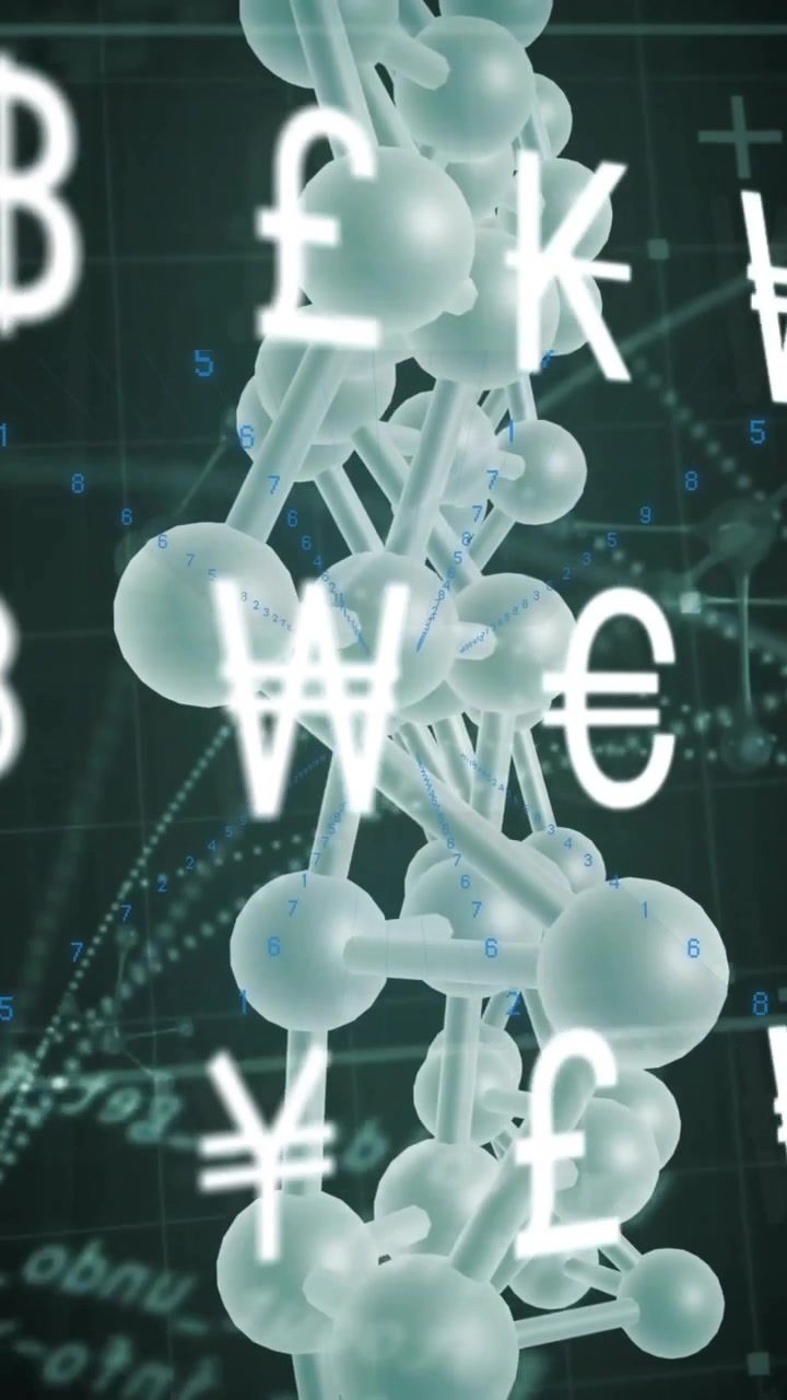 Animazione di elaborazione dati e filamenti di DNA su simboli di valuta