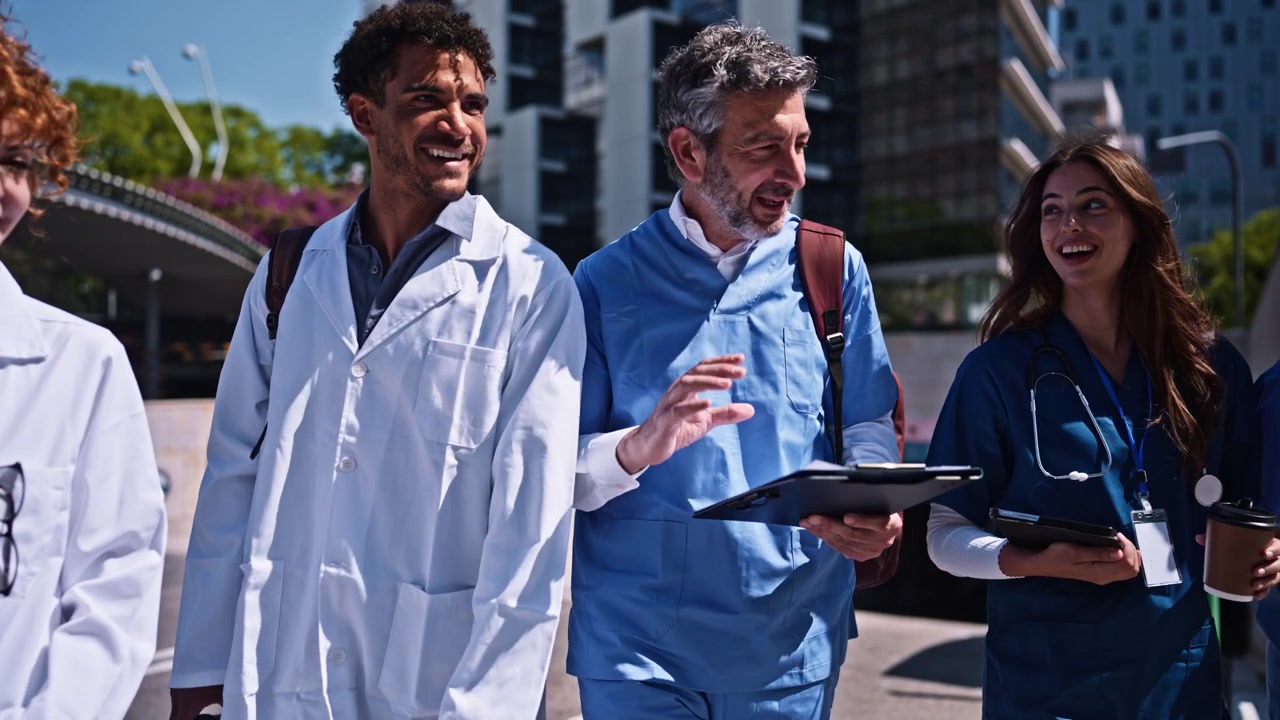 Diverse Group of Medical Professionals Walking and Discussing Outdoors