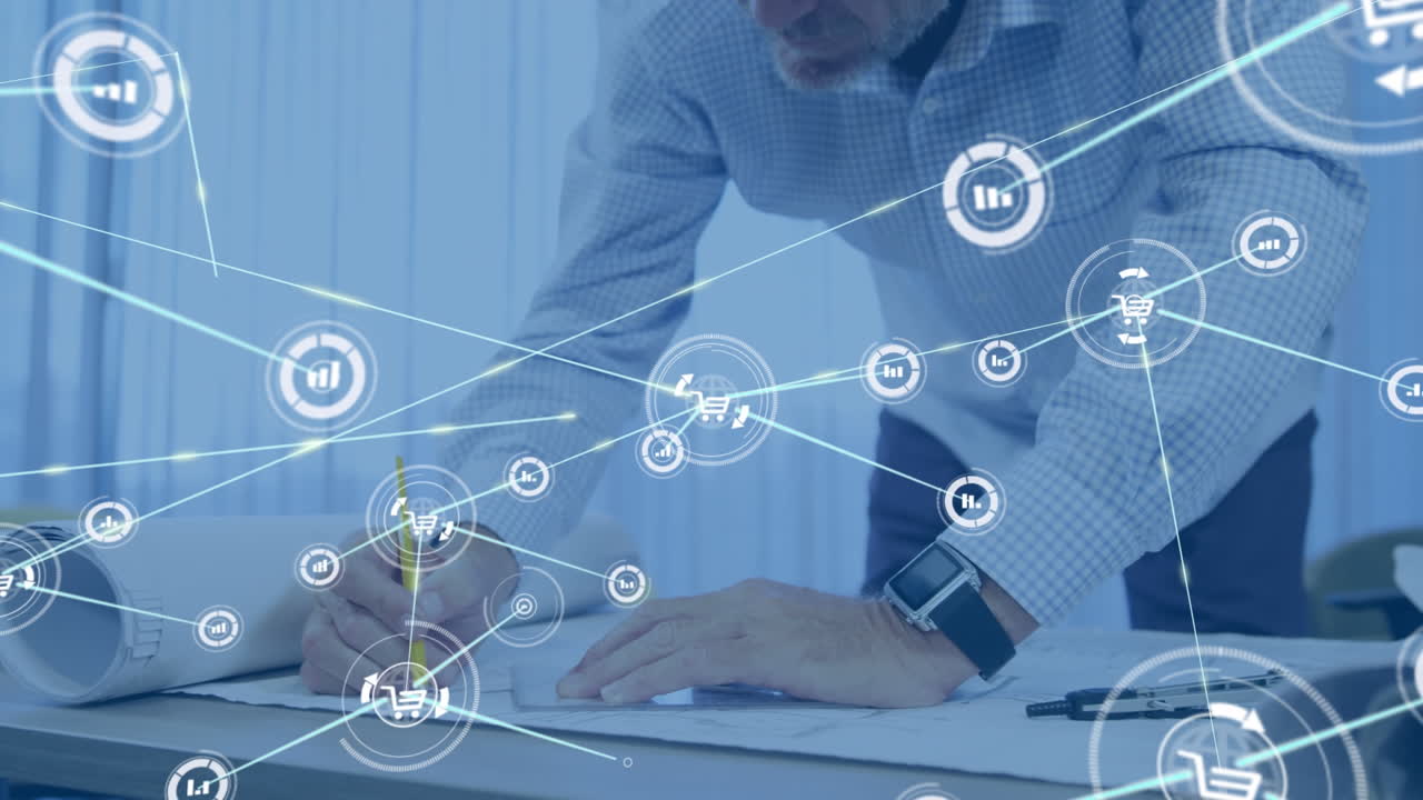 animación de la red de conexiones con iconos sobre arquitecto caucásico masculino