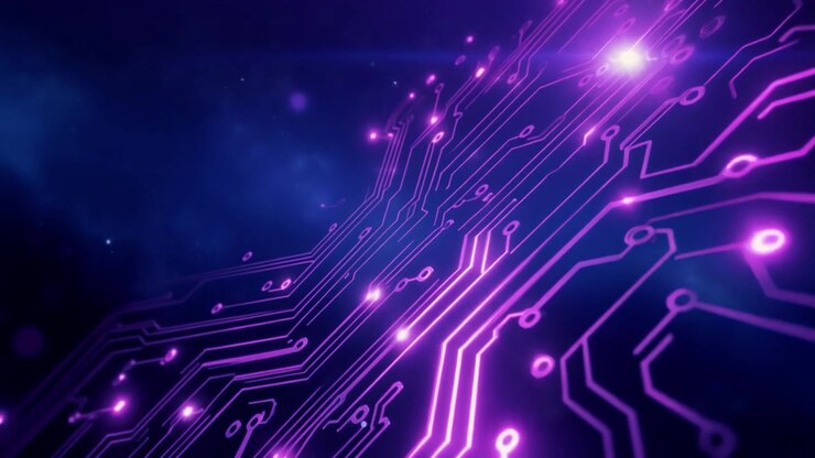Circuito stampato digitale astratto con flusso di dati viola luminoso