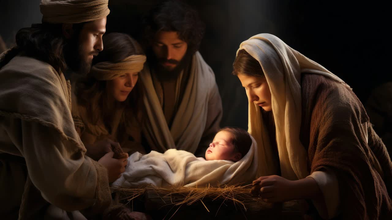 Un fermo immagine video sereno, ad angolo basso, di una scena della natività
