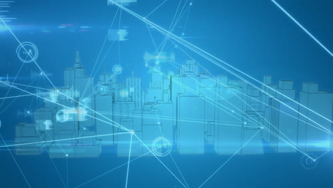 animation of network of connections and data processing over city on blue background