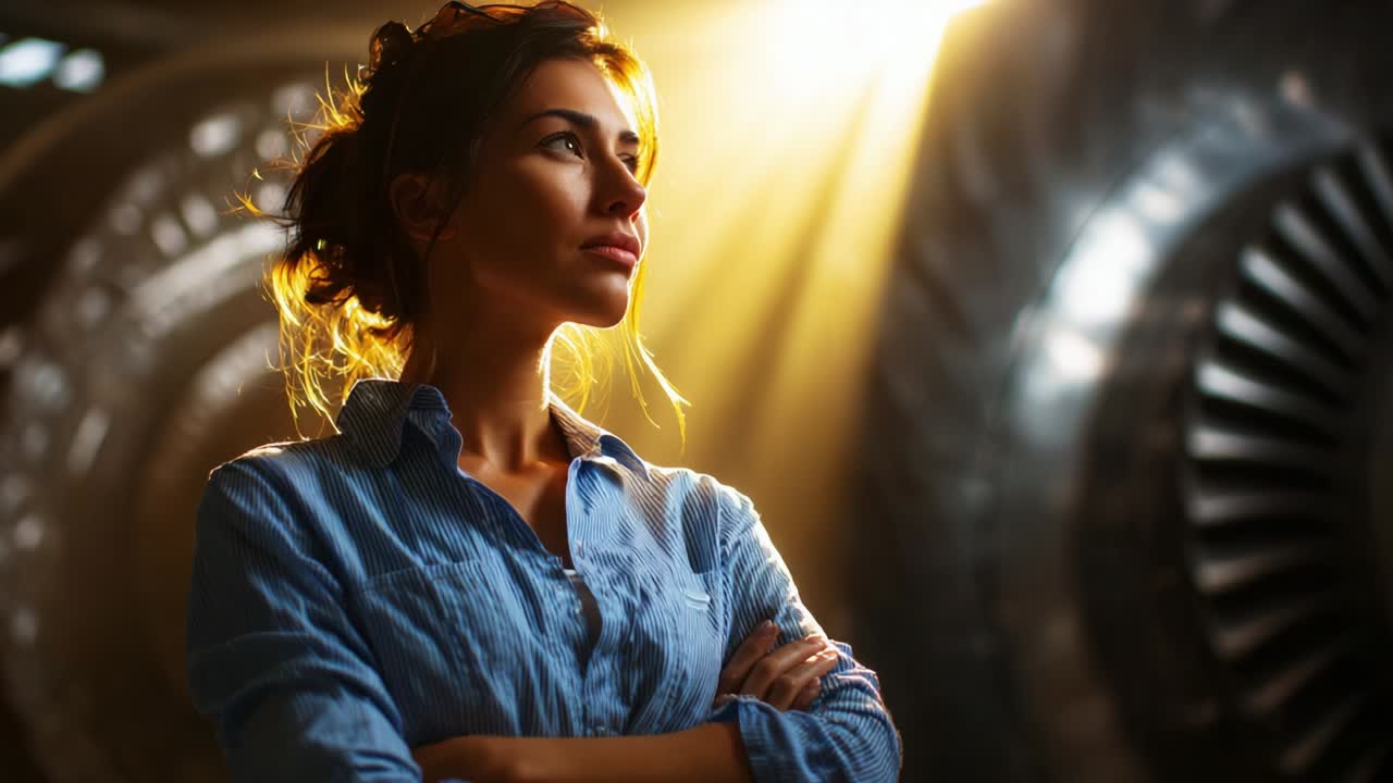 A Thoughtful Woman Gazes into the Light, Capturing a Moment of Inspiration and Determination in an Industrial Setting, with Jet Engine Details Illuminated by Dramatic Lighting and Depth