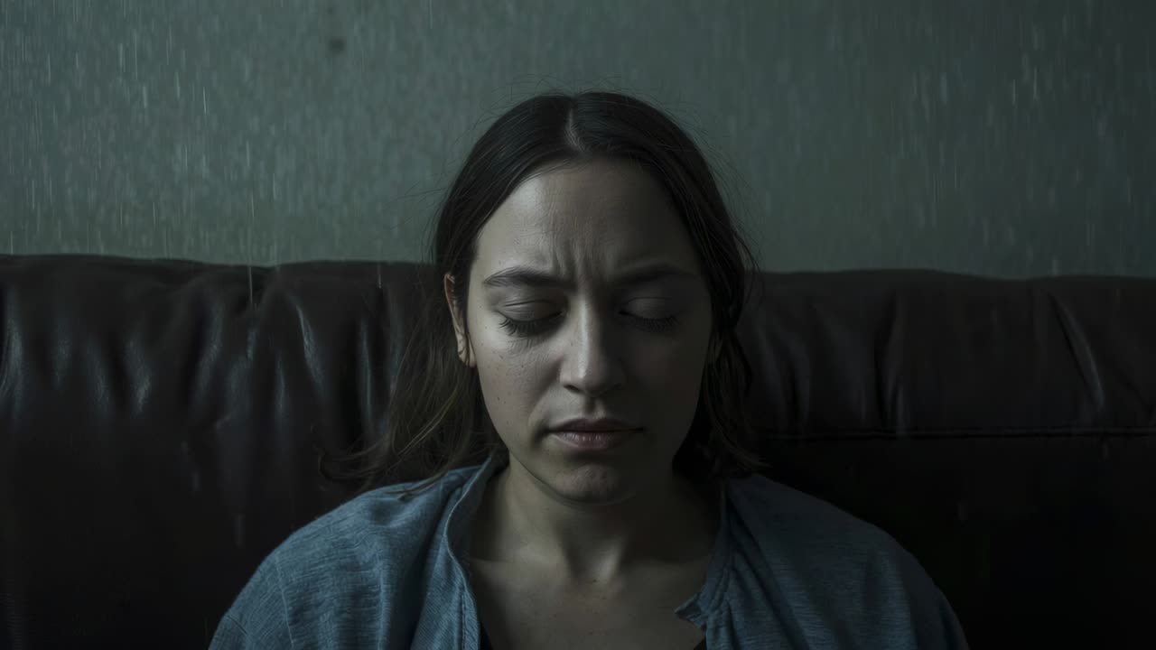 Aggrottando la fronte, una donna in camicia blu abbassa la testa sulle ginocchia sul divano in pelle di casa, riflettendo.