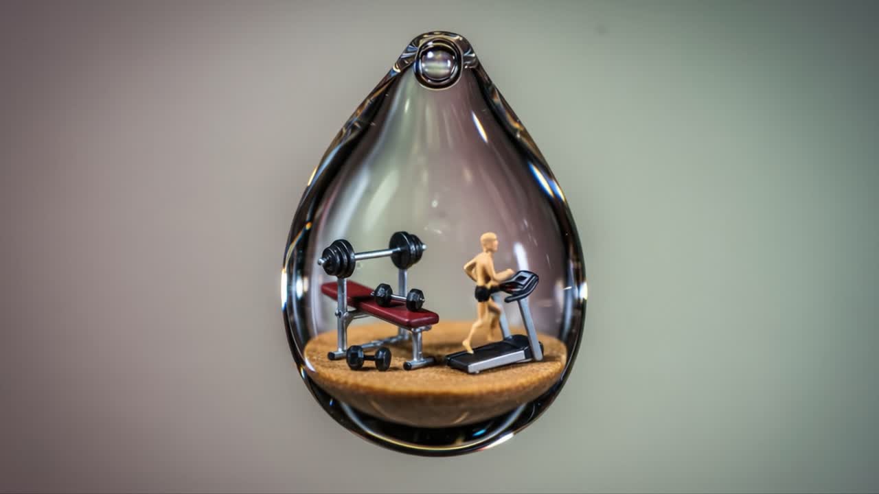A Unique Art Installation: A Miniature Gym Scene Encased in a Glass Teardrop, Showcasing the Intricacies of Fitness and Wellbeing