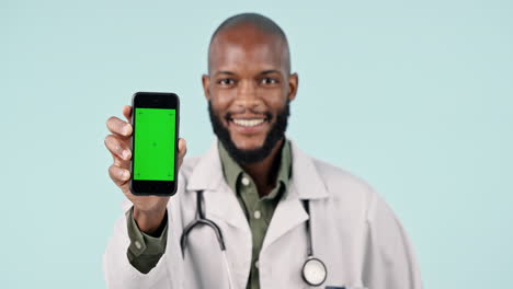 Happy-black-man,-doctor-and-phone-with-green