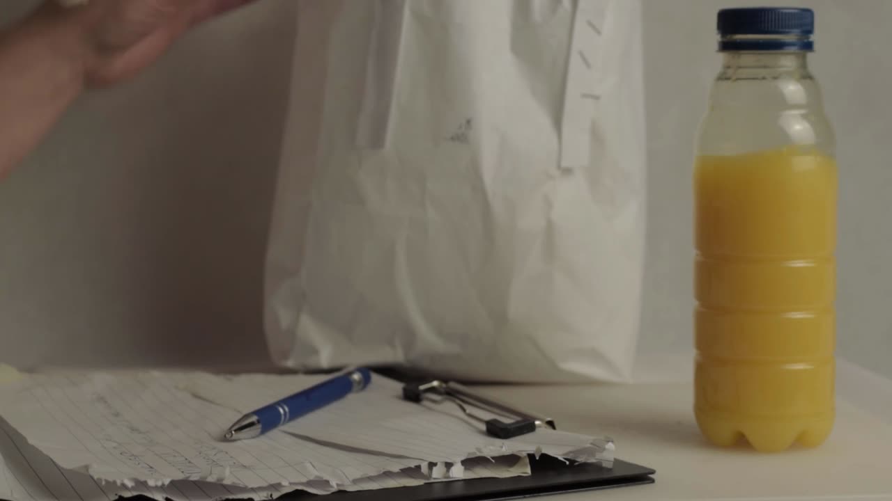 Busy worker takes a break to unpack packed lunch medium shot