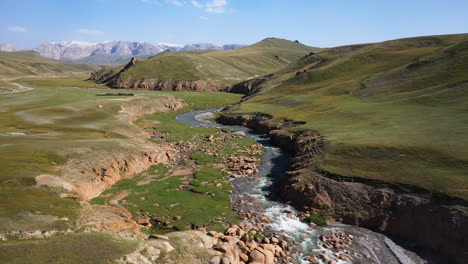 aerial drone shot going through a crevasse near the kel-suu lake in kyrgyzstan, wide shot