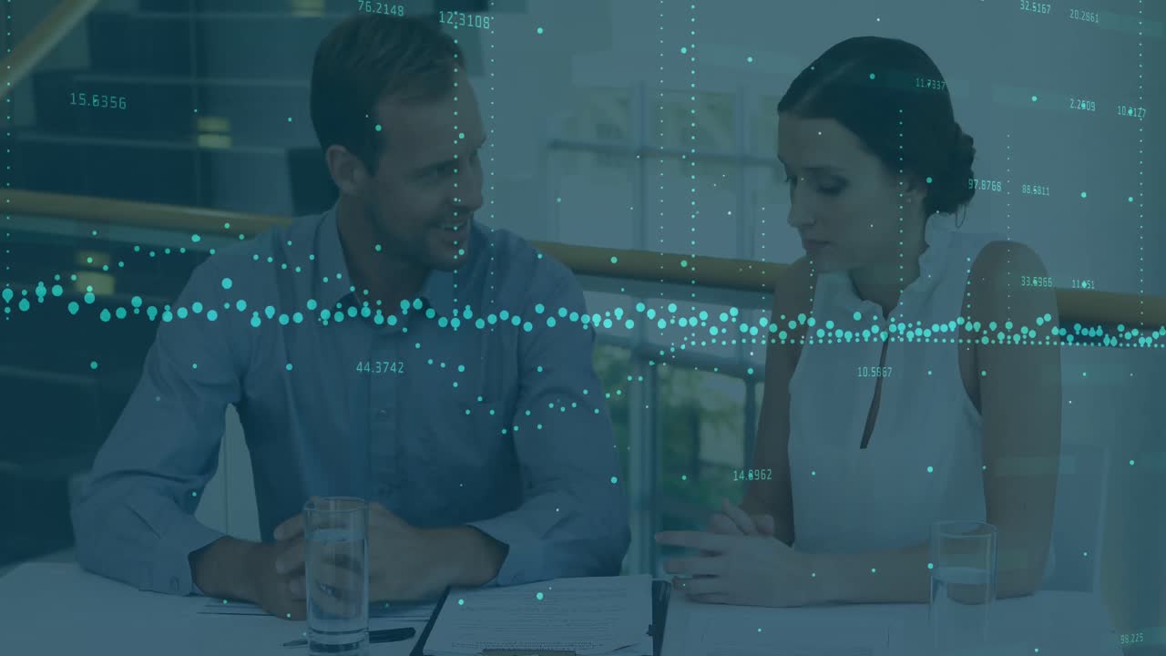 Animation of financial data processing and statistics over business people