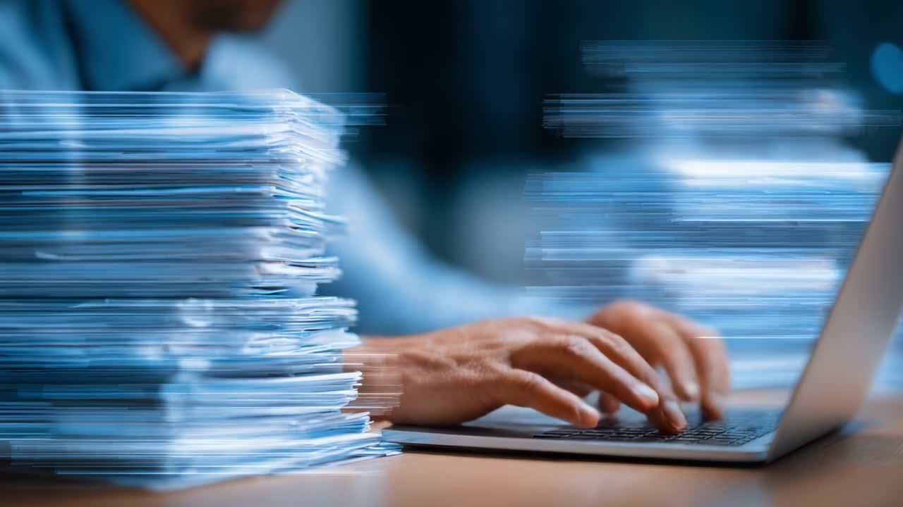 A dynamic office scene showcasing a focused individual typing on a laptop amidst a flurry of paperwork, representing the fast-paced world of modern work