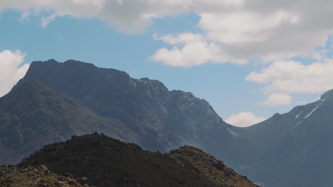 Paisaje montañoso del Alto Atlas en Marruecos con dos turistas sentados a lo lejos y señalando las montañas