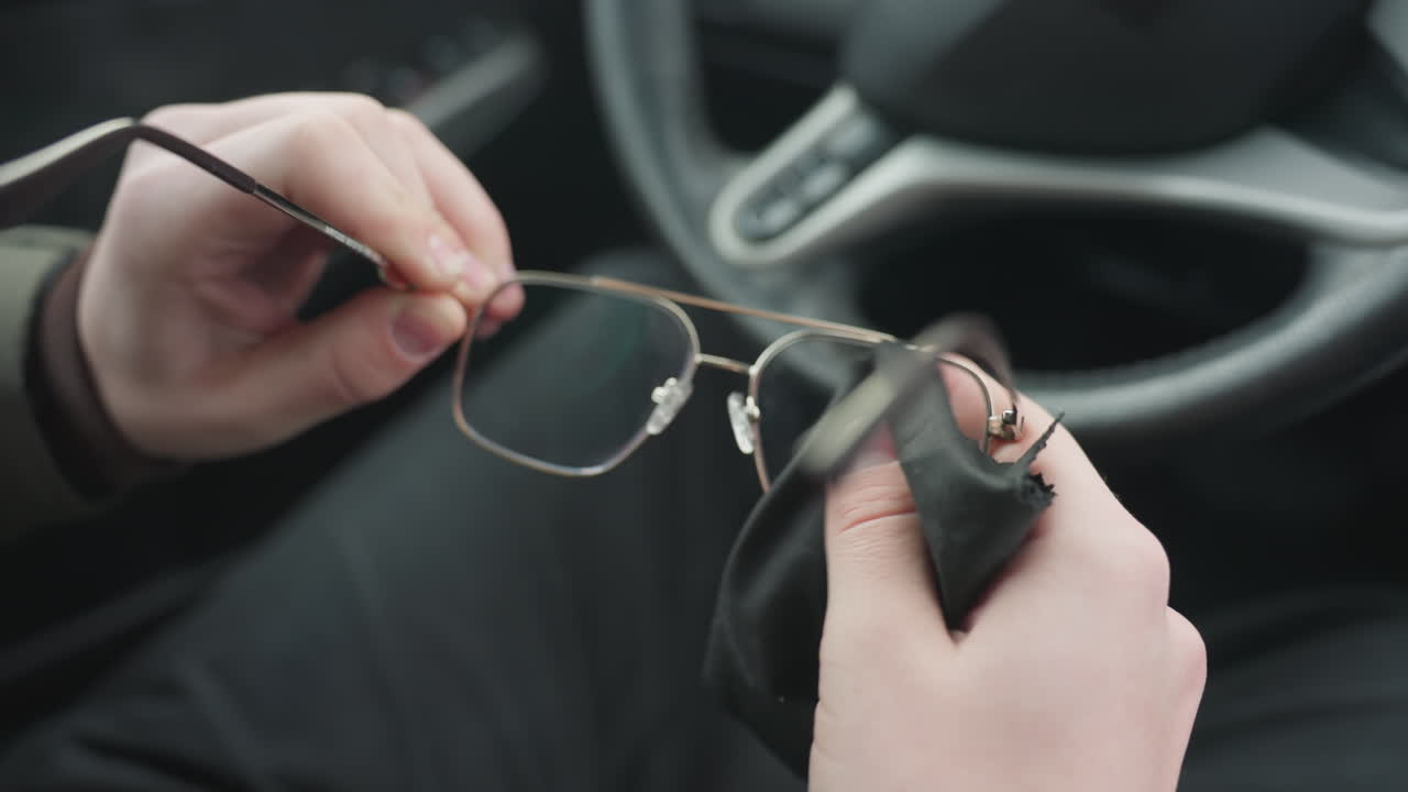 Partial view of driver cleaning glasses lens with black cloth inside car cabin showing hand movement, textured lens, blurred steering wheel and window background under soft natural light