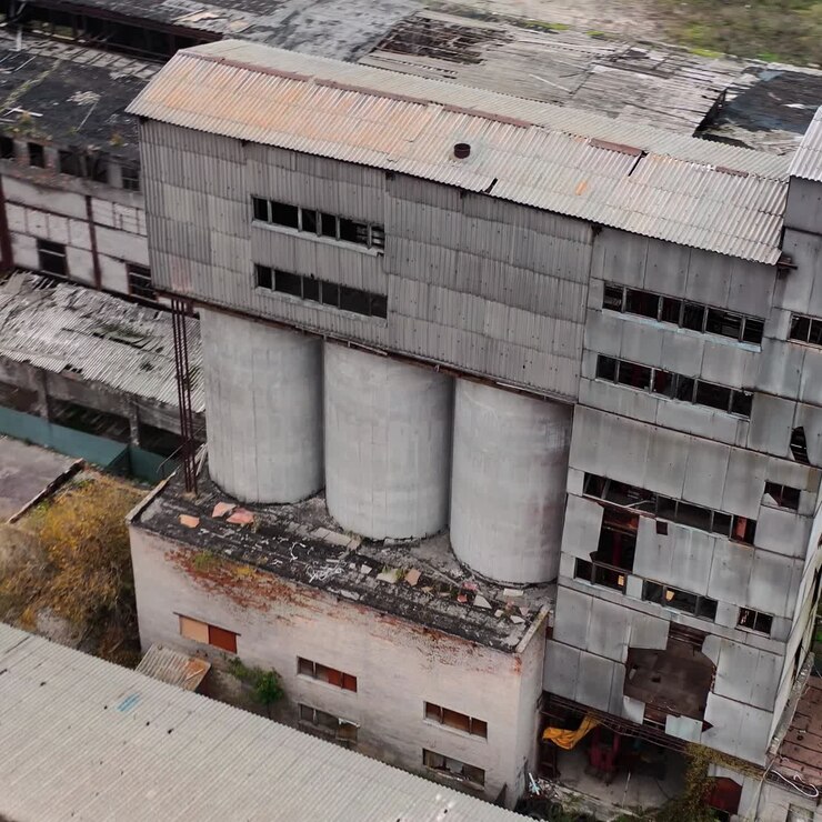 Old abandoned plant. Damaged buildings on the field. Broken windows and roof of a ruined factory. Damaged industry. Aerial view.