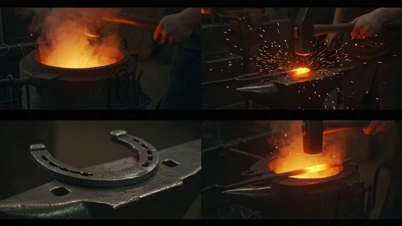 Craftsmanship in Action: The Art of Forging Horseshoes in a Traditional Blacksmith's Workshop, Showcasing the Process from Molten Metal to Finished Product