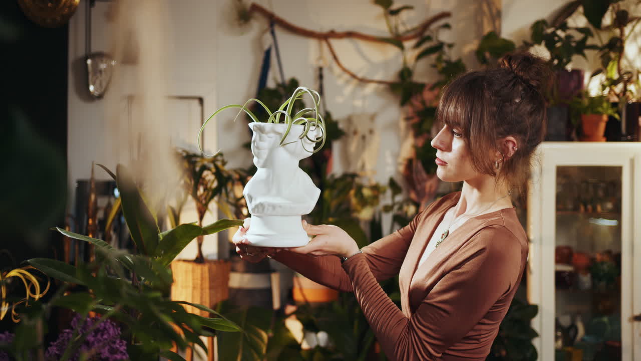 식물 가게 에서 장식용 식물 비 를 들고 있는 여자
