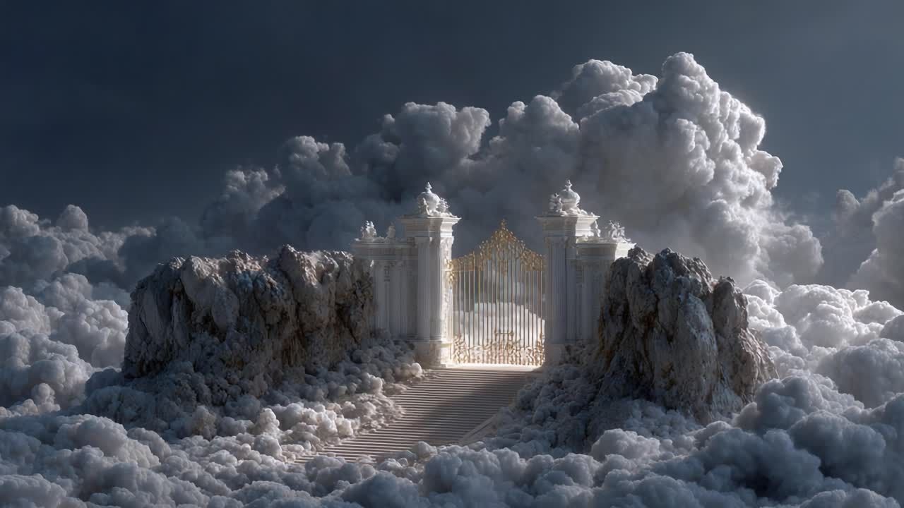 Majestic Celestial Gateway Emerging from a Sea of Clouds, Radiating Soft Light, Symbolizing Journey and Transformation Beyond Natural Realm