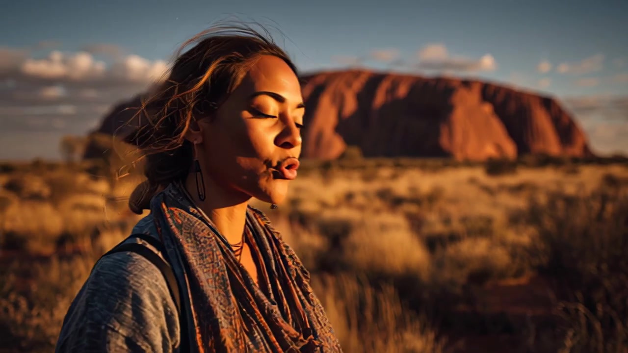 Aufnahmen einer jungen Frau, die zur goldenen Stunde im Freien achtsames Atmen praktiziert, ruhige Meditation in einer trockenen Wüstenlandschaft mit ikonischem roten Felsmonolithen im Hintergrund.