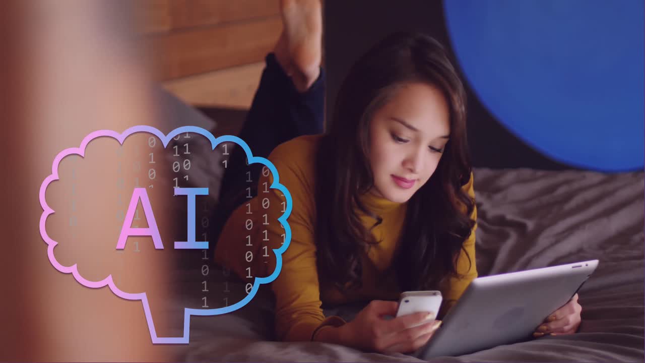 노트북을 사용하는 아시아 여성에 대한 ai 데이터 처리의 애니메이션