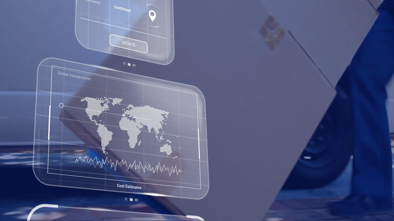 animación de procesamiento de datos sobre pantallas y mensajero caucásico con caja