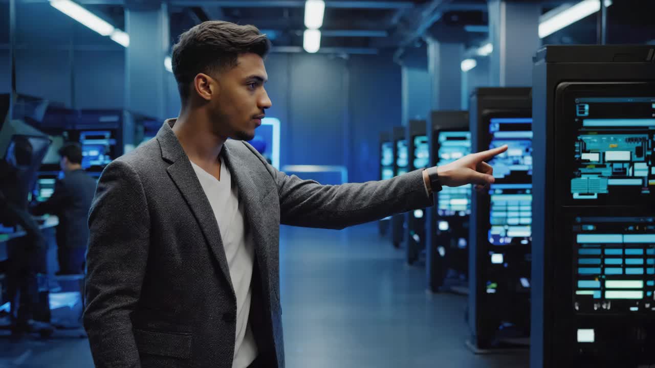 IT Engineer Pointing in a Modern Server Room
